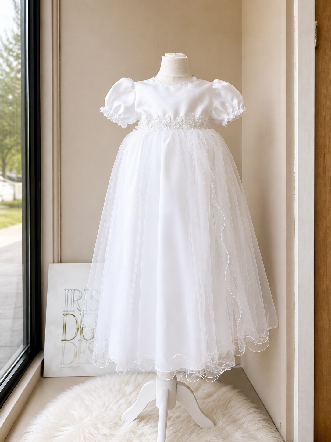 Luxury White Christening Dress with Tulle Overlay