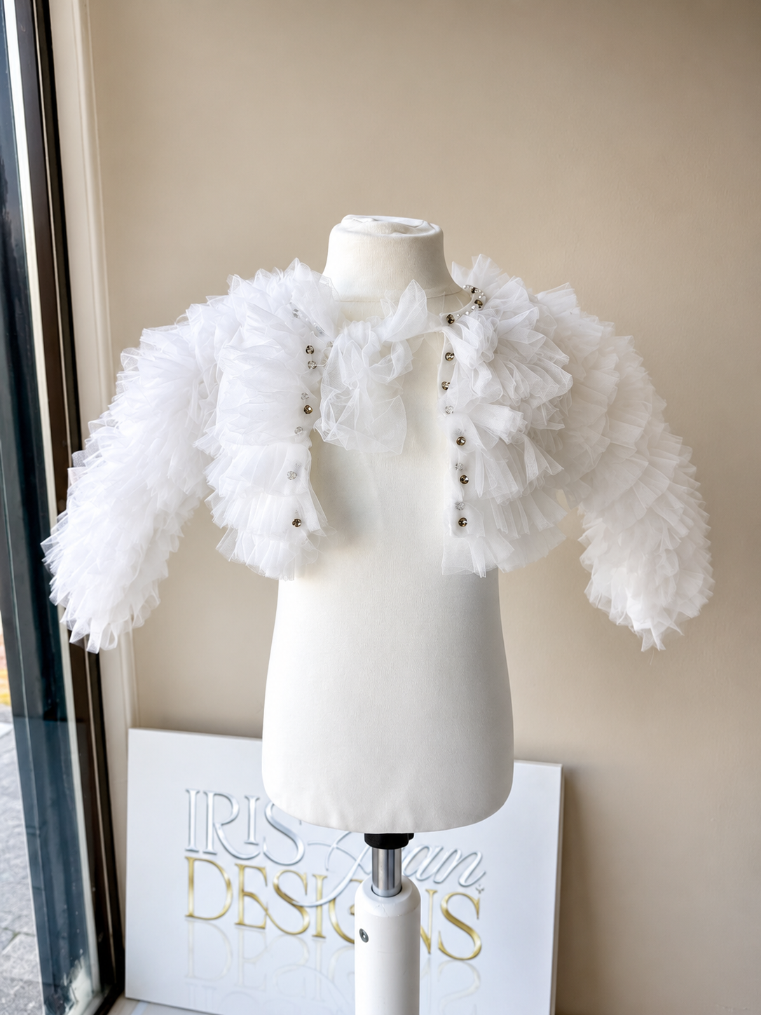 White Luxury Crystal Ruffle Tulle Bolero Jacket for Girls