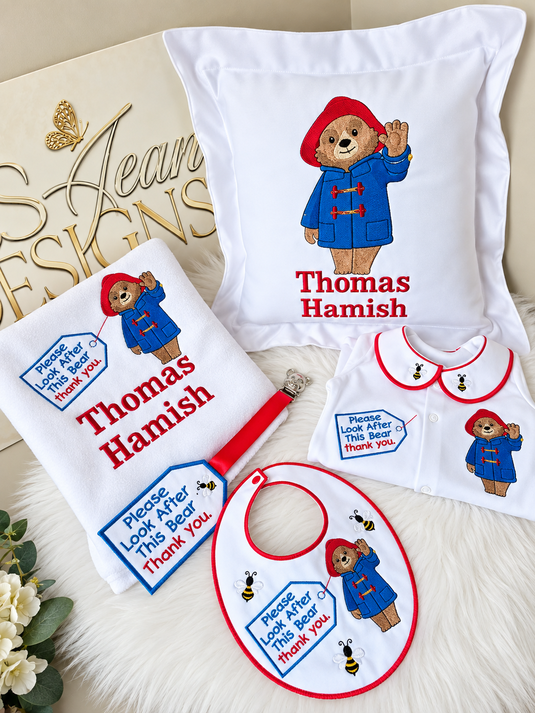 Personalised full hospital baby gift set with embroidered bib, babygrow, muslin, tag, cushion and blanket