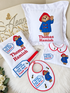 Personalised full hospital baby gift set with embroidered bib, babygrow, muslin, tag, cushion and blanket