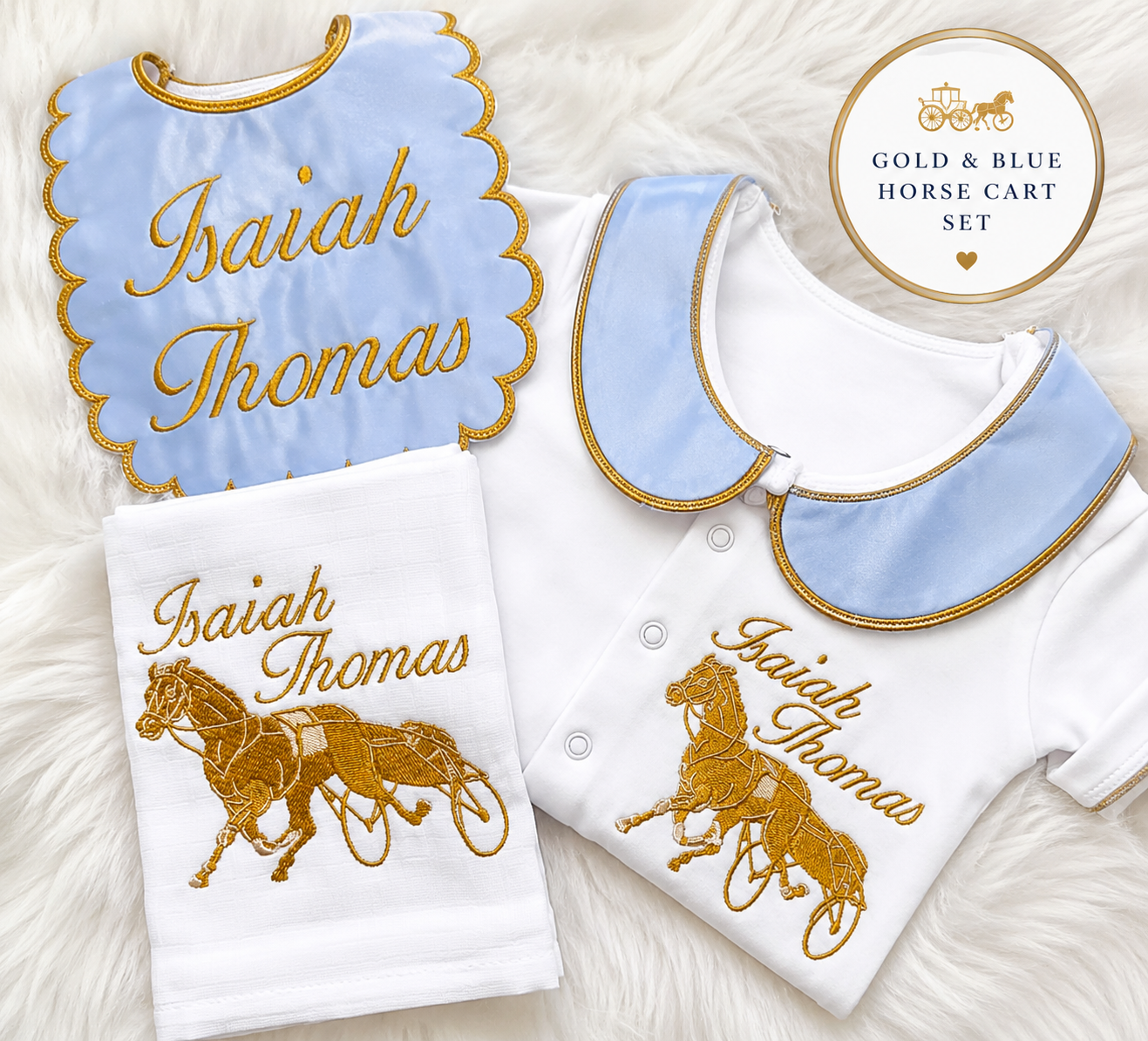 Personalised gold and blue horse cart baby set with embroidered baby grow, bib and muslin
