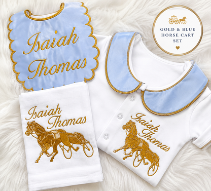 Personalised gold and blue horse cart baby set with embroidered baby grow, bib and muslin