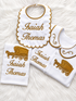 Personalised gold wagon baby set with embroidered bib, baby grow and muslin