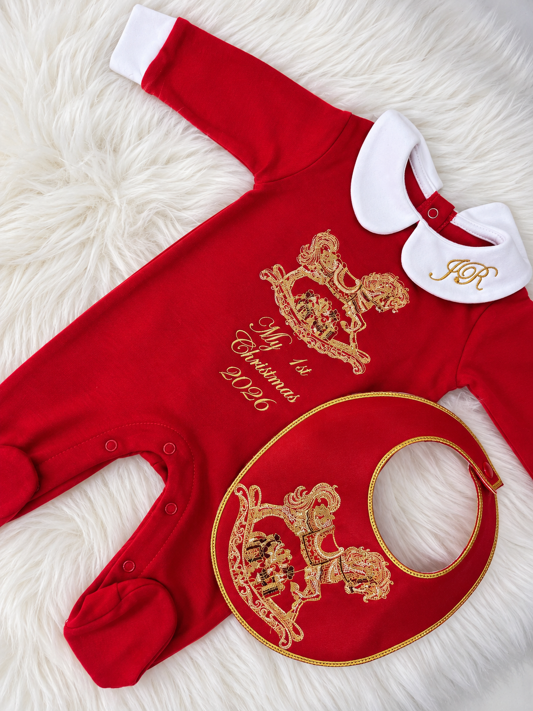 Personalised teddy bear baby grow with cream collar, matching bib and embroidered blanket