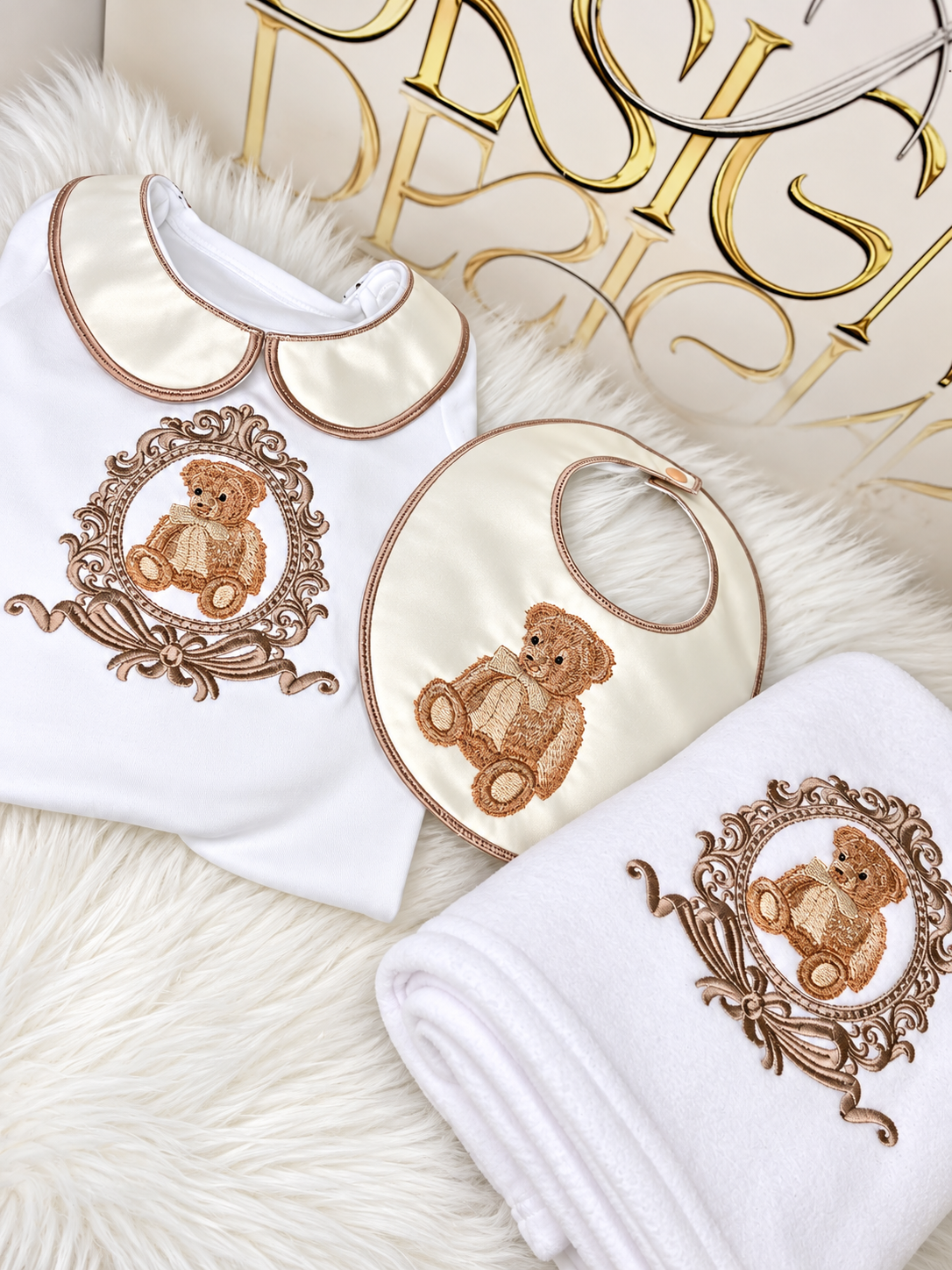 Personalised white baby grow with cream teddy bear embroidery, matching bib and blanket