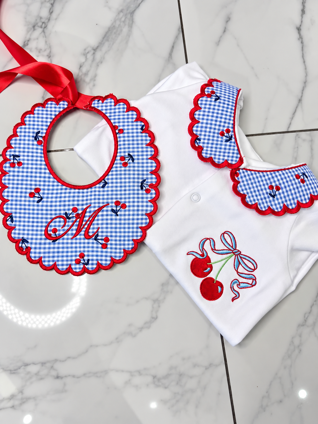 Personalised Gingham Cherry Baby Set