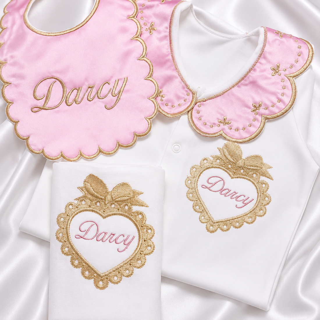 Set de marco de corazón rosa brillante y dorado personalizado para bebé niña - Conjunto de primera puesta y regalo de baby shower