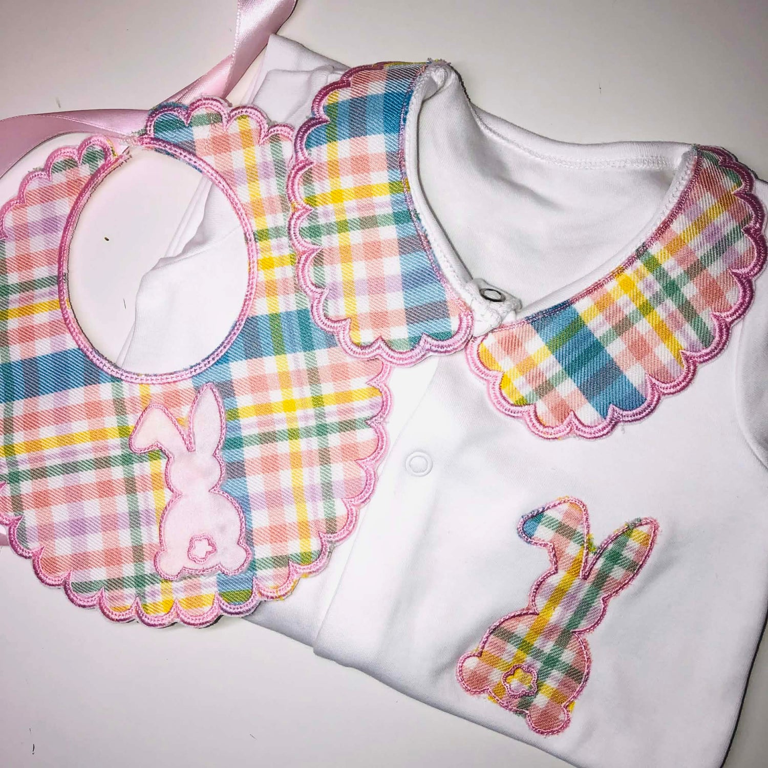 Girls Pastel Checked Gingham Pink Bunny Set