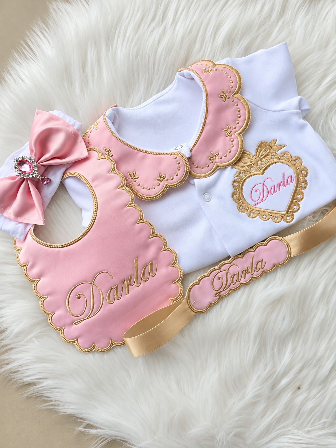 Personalised Baby Girl Dusky Pink and Gold Heart Frame Set - Newborn Coming Home Outift &amp; Baby Shower Gift