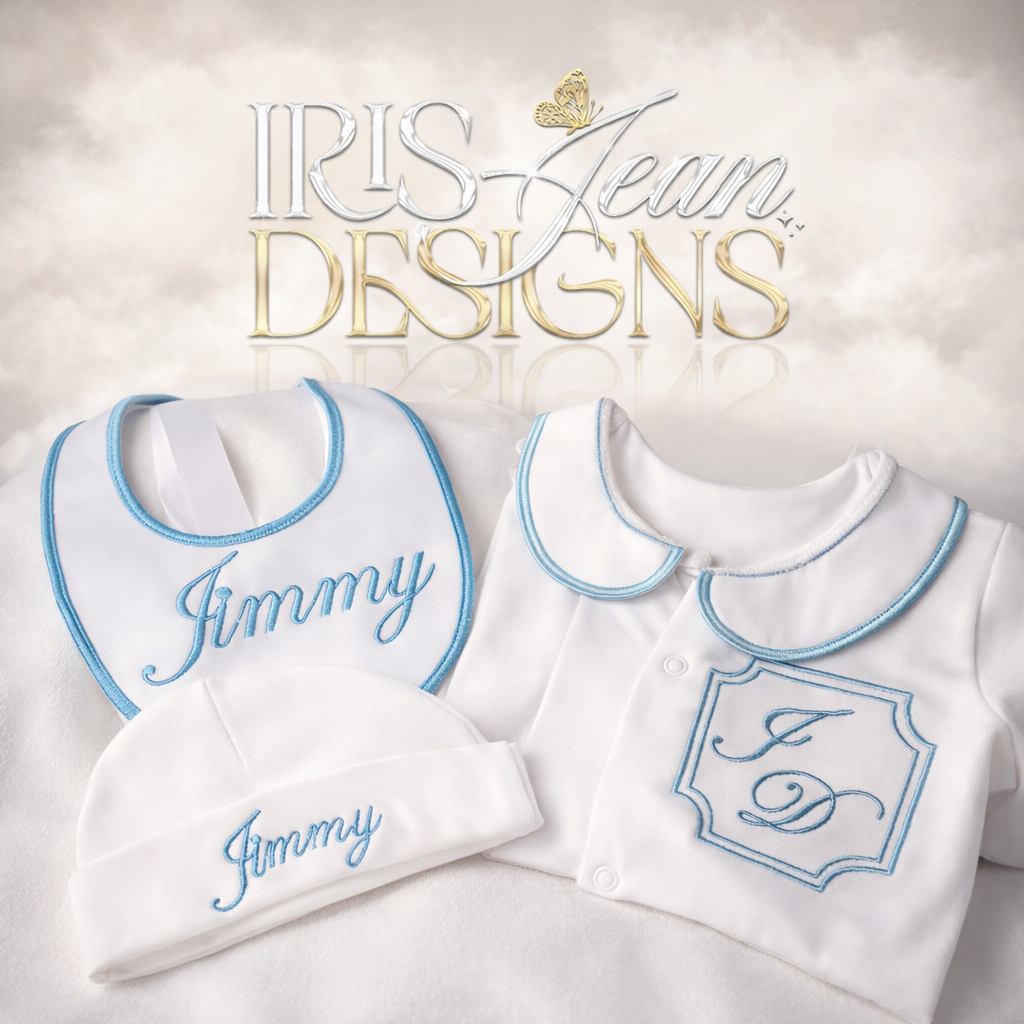 Boys Blue Monogram Set - Bib, Grow and Hat