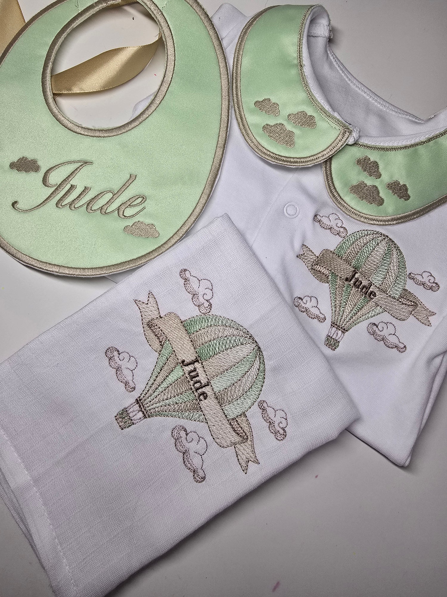 Personalised Baby Boy Hot Air Balloon Outfit – Mint Green &amp; Biscuit | Coming Home Set, Embroidered Baby Gift