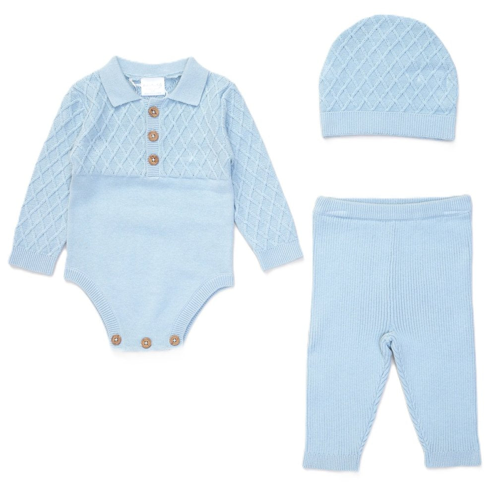 Knitted Blue Outfit. Hat, Bodysuit and Ribbed Leggings