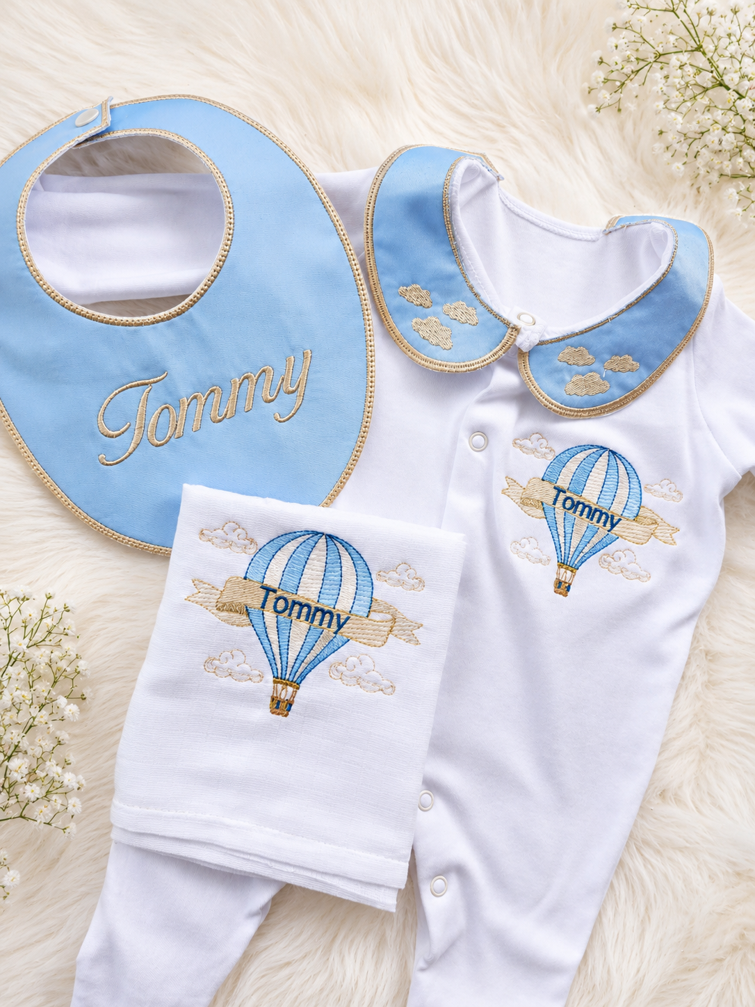 Conjunto personalizado bordado de bebé niño con globo aerostático