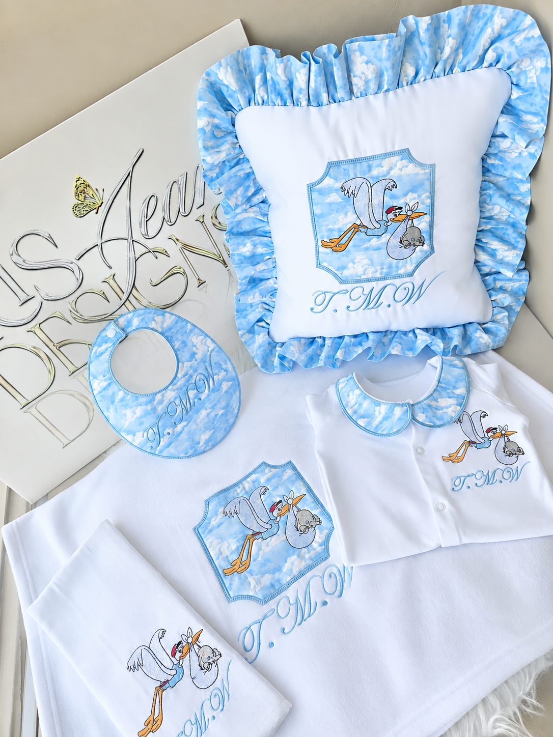 Personalised Baby Boy Stork &amp; Cloud Gift Set