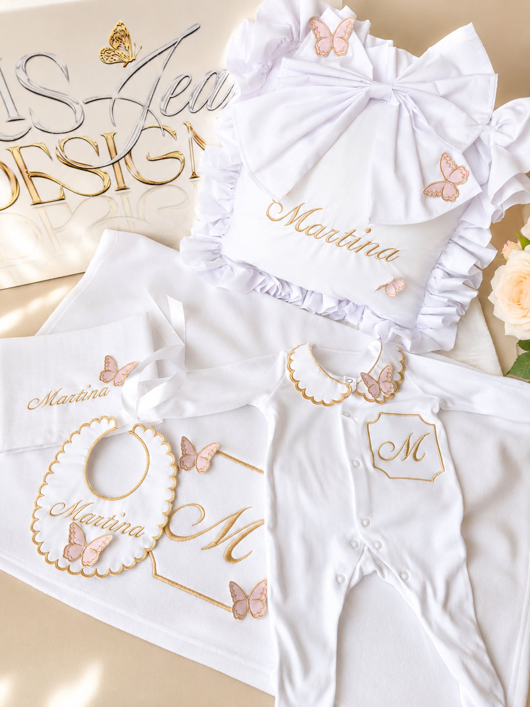 White, Pink and Gold Butterfly Set with Monogram