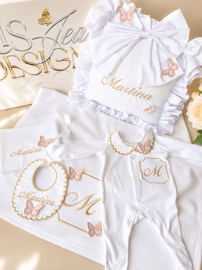 White, Pink and Gold Butterfly Set with Monogram