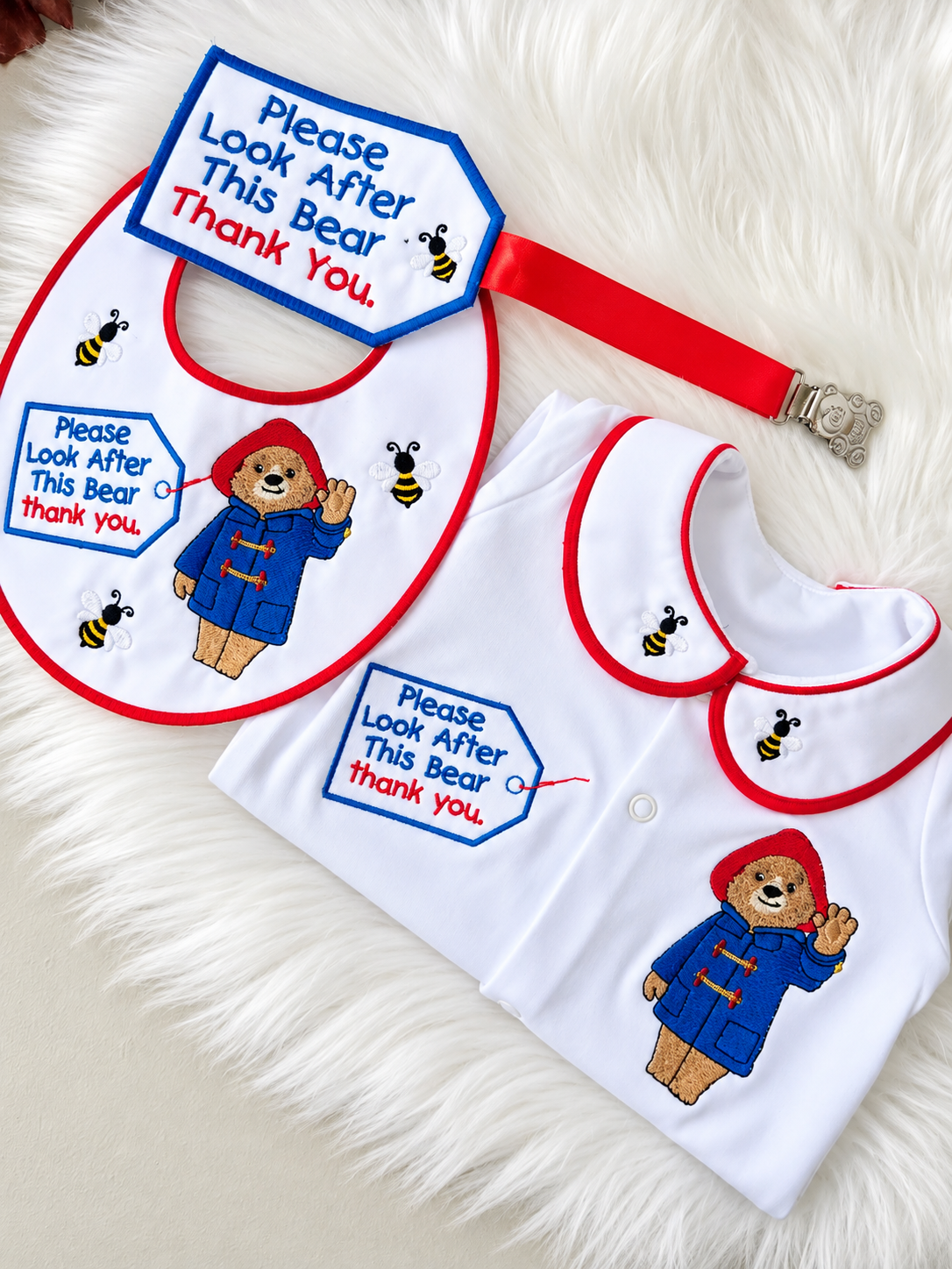 Personalised Paddington Bear Baby Gift Set – Embroidered Bib, Babygrow &amp; Bear Tag