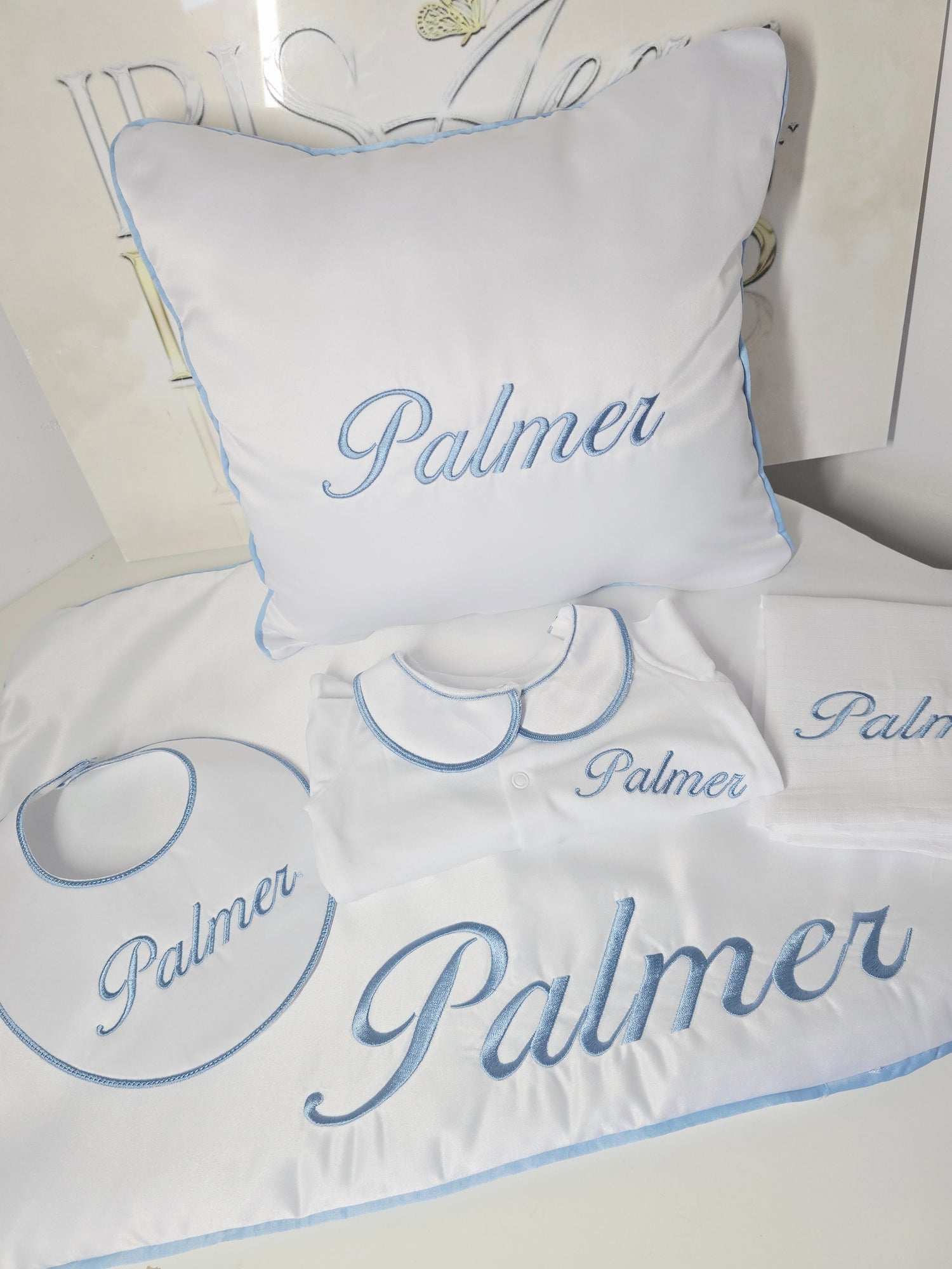 Light Blue Piped Set - Bib, Grow, Muslin, Cushion and Small Satin Blanket