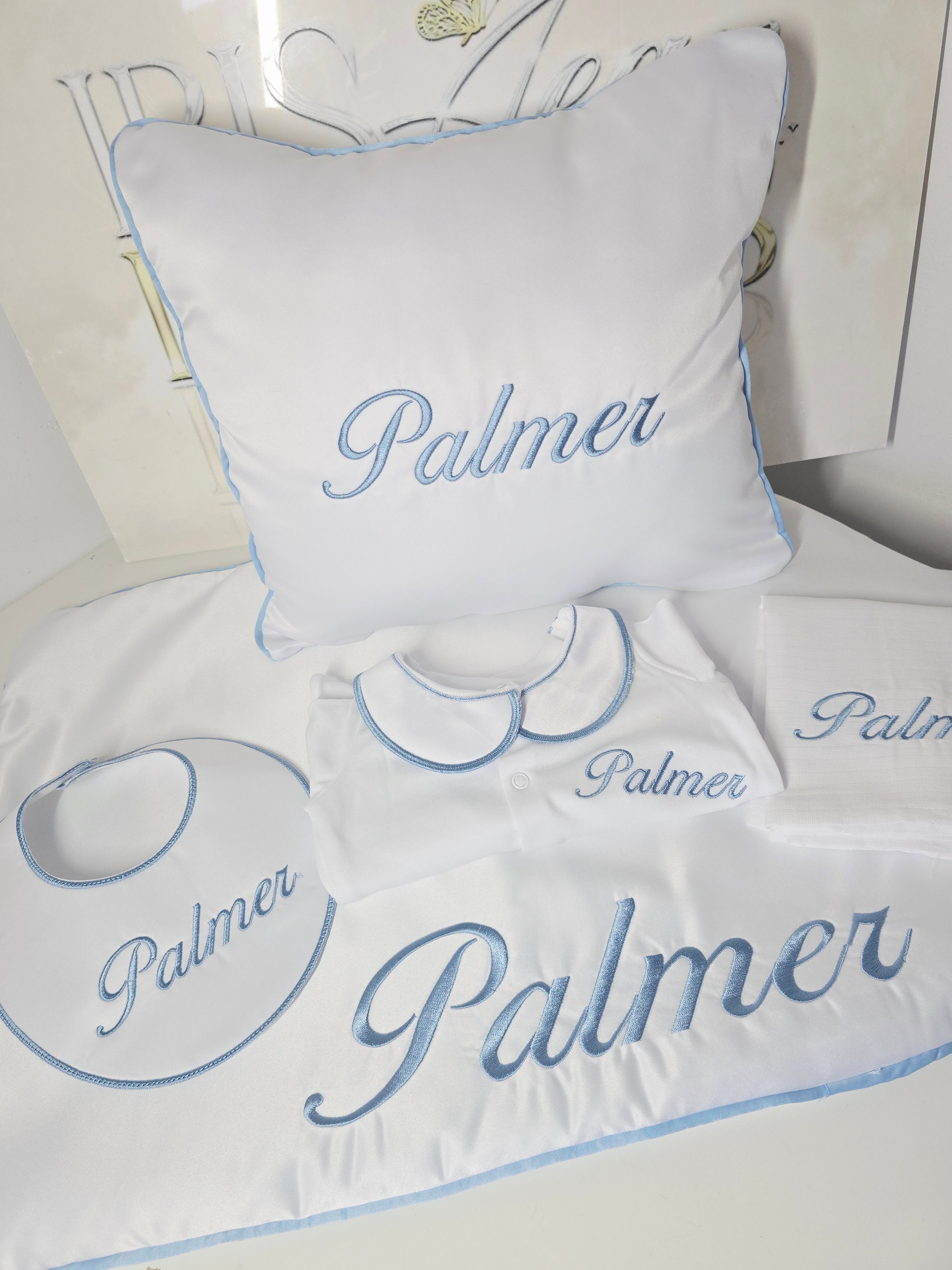 Light Blue Piped Set - Bib, Grow, Muslin, Cushion and Small Satin Blanket