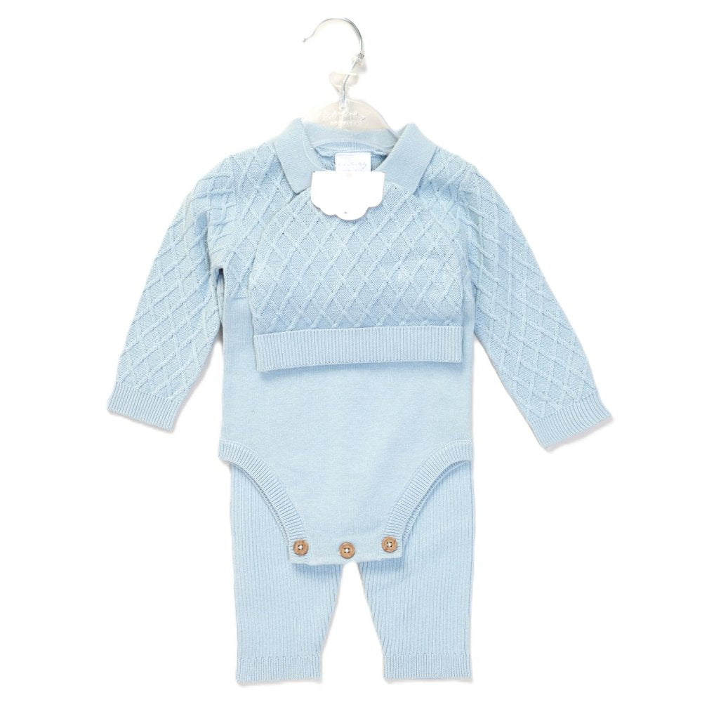 Knitted Blue Outfit. Hat, Bodysuit and Ribbed Leggings
