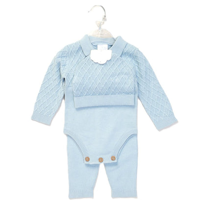 Knitted Blue Outfit. Hat, Bodysuit and Ribbed Leggings