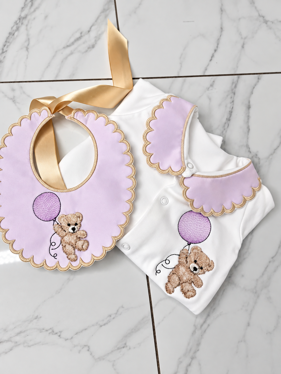 Personalised Baby Girl Teddy Bear Bib &amp; Babygrow Set | Lilac &amp; Gold Embroidered Baby Gift Set
