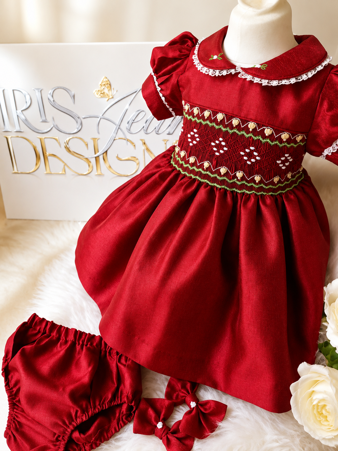 Vestido de Lujo Rojo de Navidad con Nido de Abeja | Vestido Tradicional de Fiesta para Niñas con Braguitas | Traje de Navidad para Bebé y Niño Pequeño