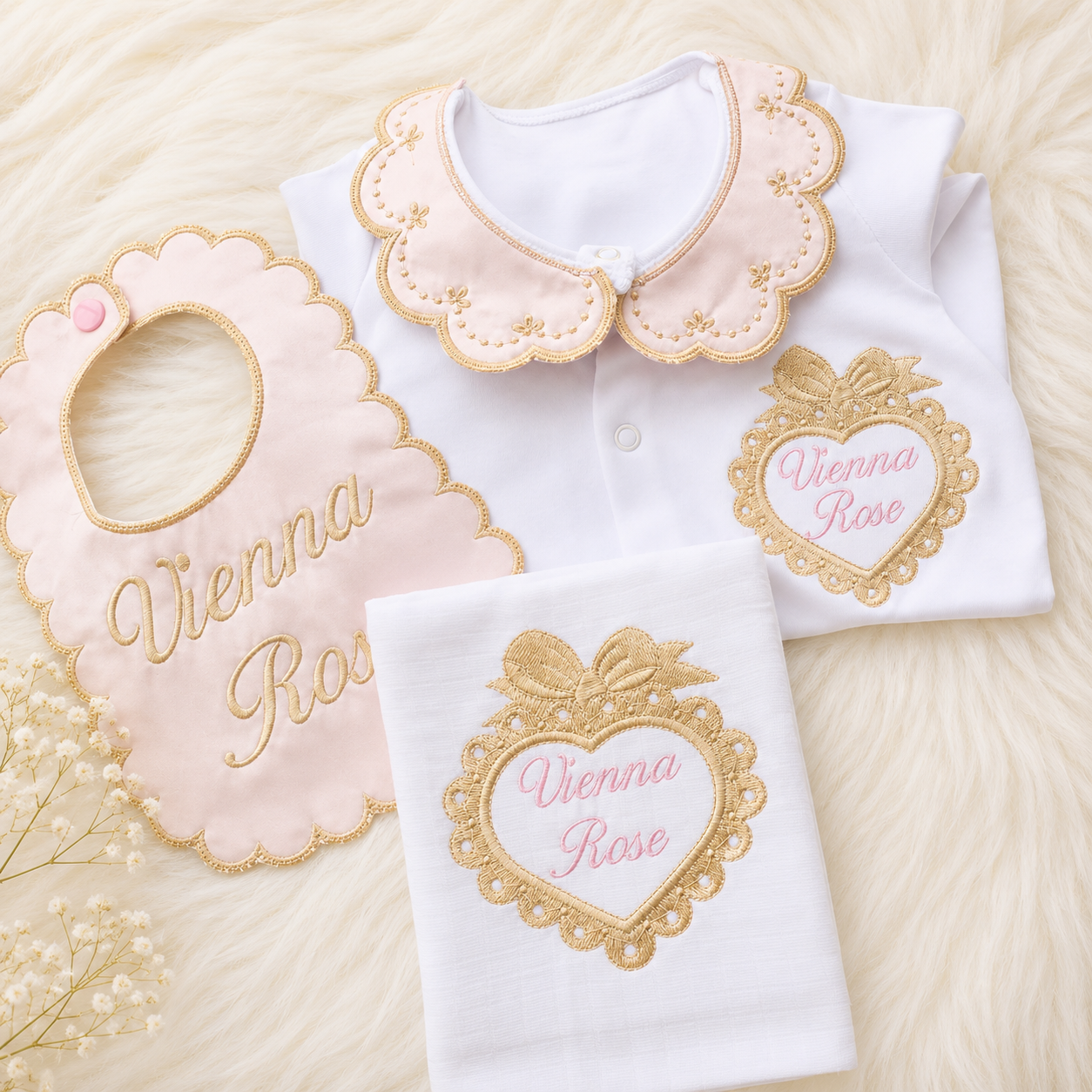 Conjunto de marcos de corazón personalizados en rosa claro y dorado para niña – Traje para recién nacida para salir del hospital y regalo para baby shower