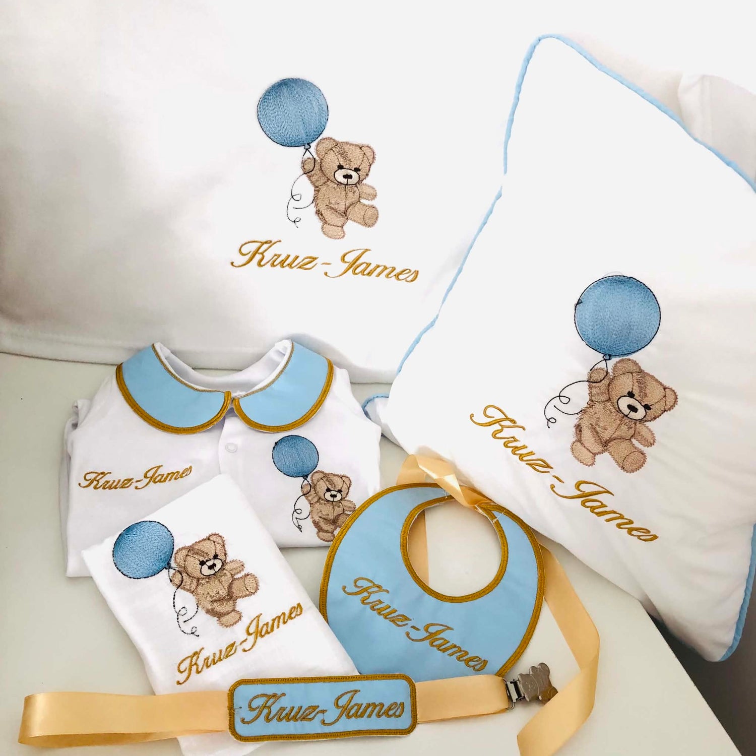 Full Hospital Bear &amp; Balloon Set - Light Blue and Gold