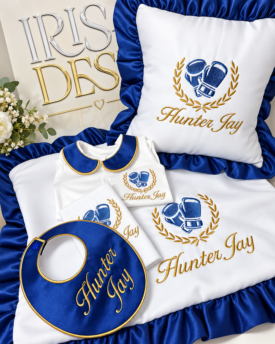 Personalised royal blue and gold boxing gloves baby full hospital set with babygrow, bib, muslin, blanket, cushion and tag